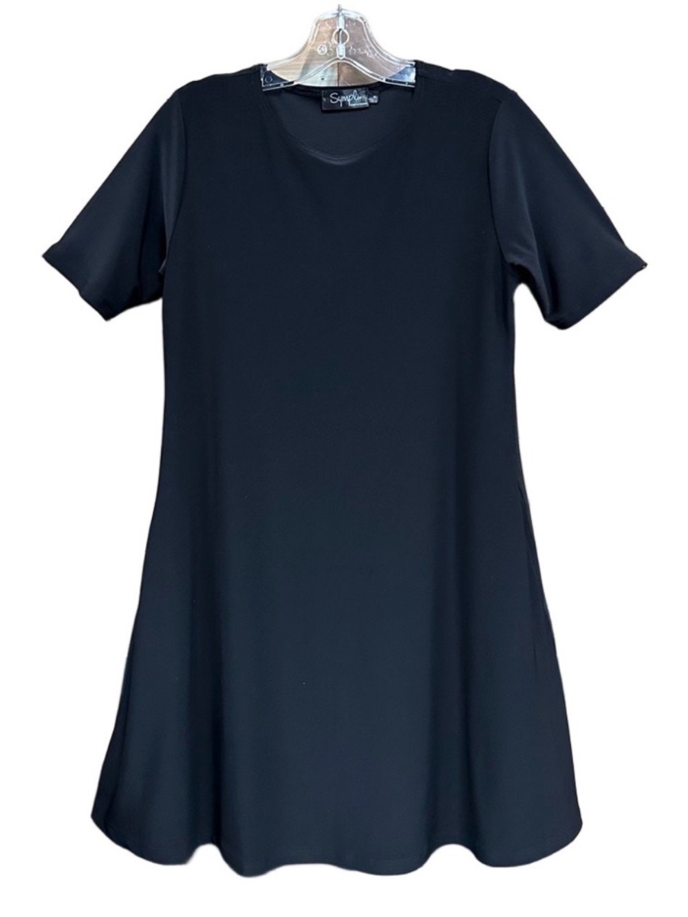 Sympli black aline day dress Size 8 short sleeve round neck Travel Minimalist